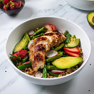 Grilled Chicken and Spring Vegetable Farro Salad with Roasted Garlic Dressing