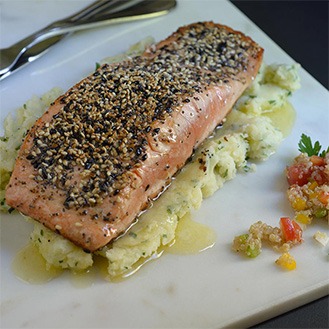 Seed-Crusted Salmon With Parsley Mash and Quinoa Salad Recipe