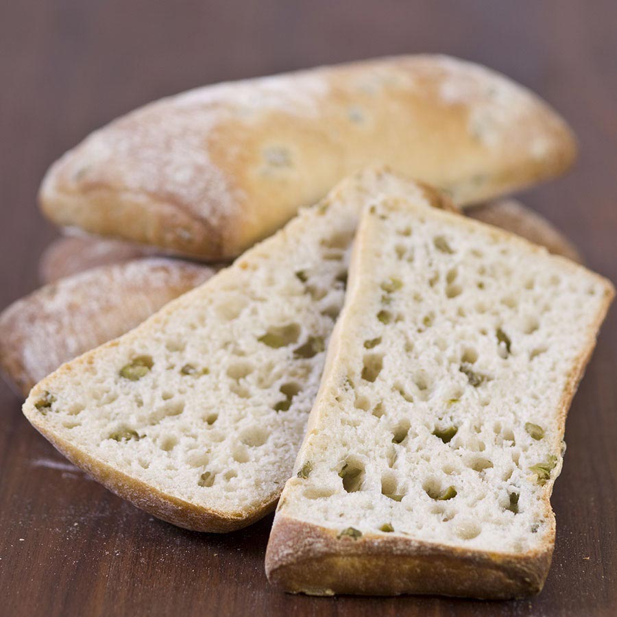 French Ciabatta Bread With Green Olives Frozen Gourmet Food Store