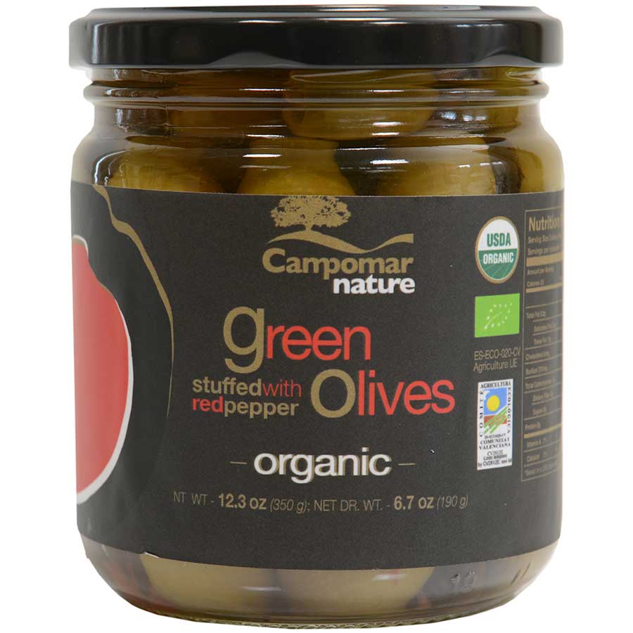 Spanish Green Olives Stuffed with Red Pepper Organic Gourmet Food Store