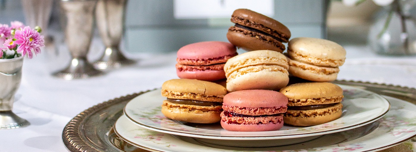 view of delicious pastel French macarons for a gift