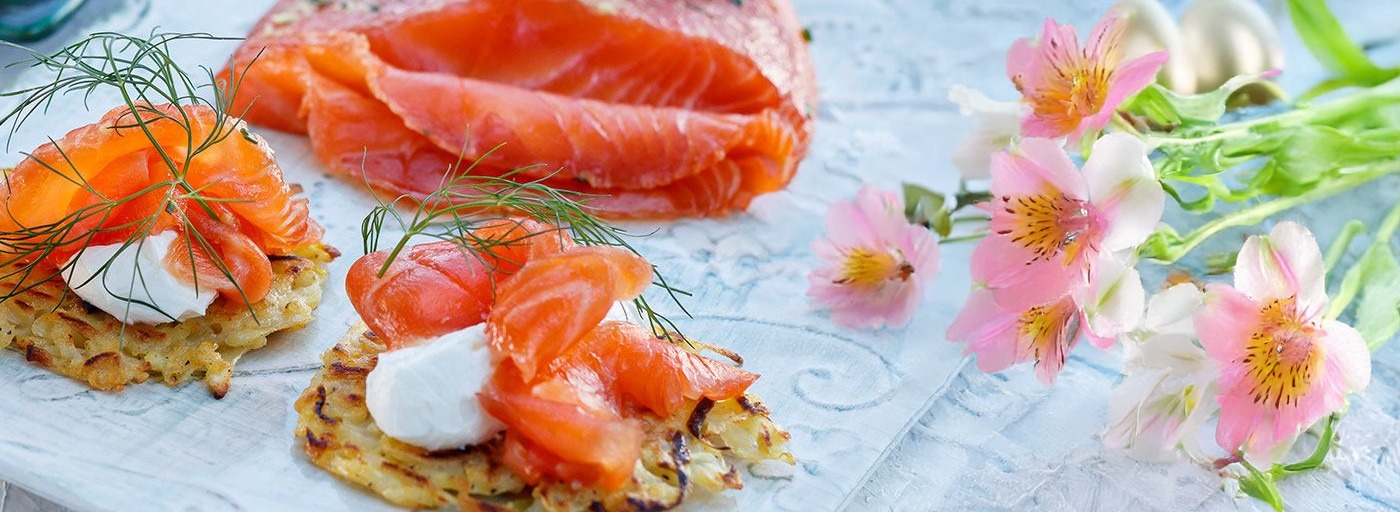 smoked salmon on a spring board
