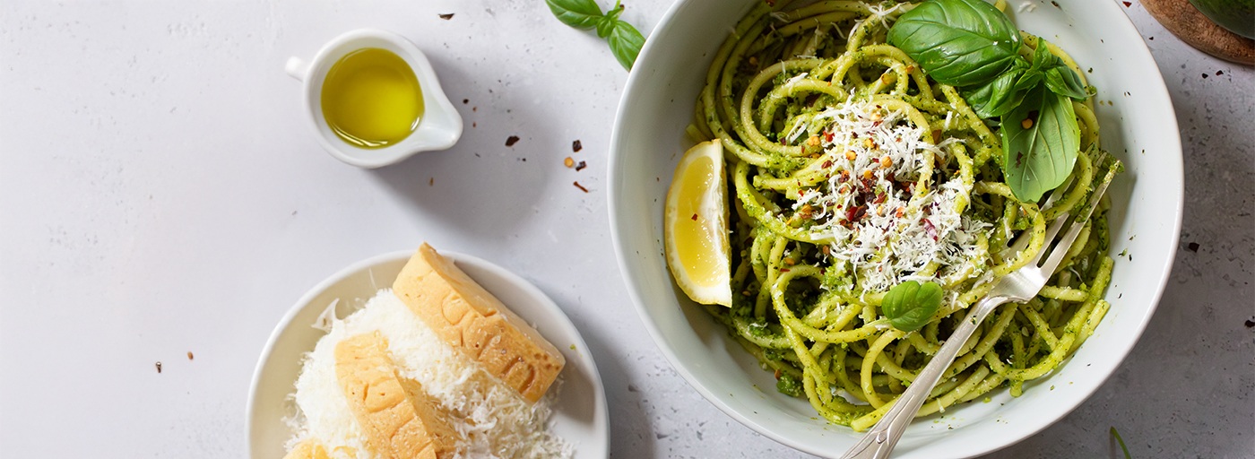 view of pesto pasta recipe, image by Gourmet Food Store