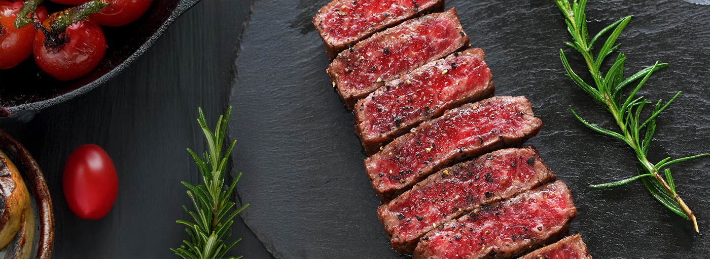 view of wagyu beef on slate board