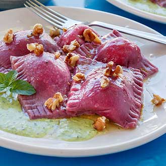 Homemade Goat Cheese Pink Tortelli Pasta with Pea and Mint Pesto Recipe