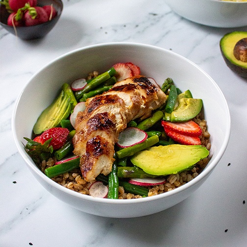 Grilled Chicken and Spring Vegetable Farro Salad with Roasted Garlic Tahini Dressing - Gourmet Food Store Photo [1]